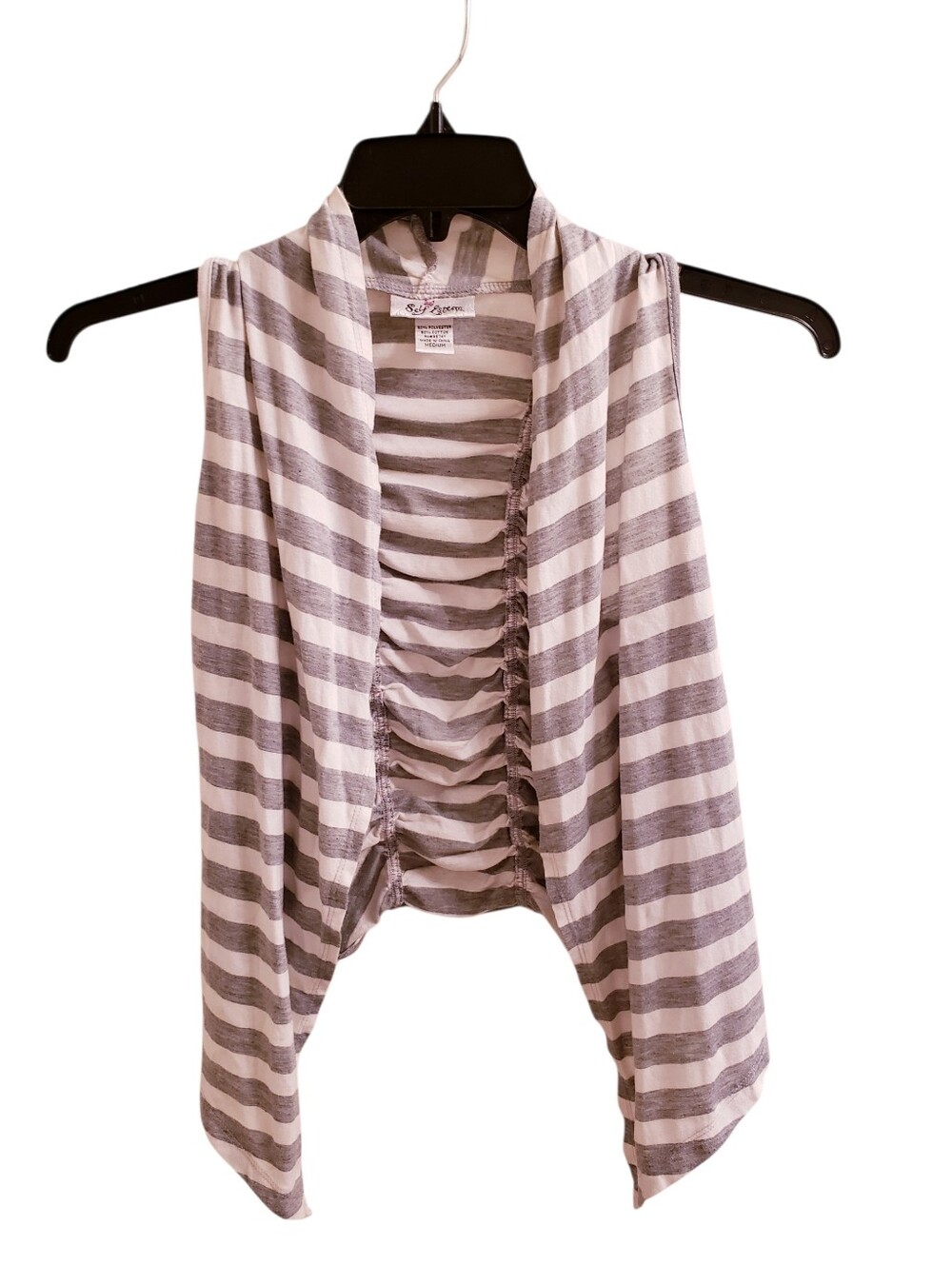 Gray and White Boho Striped Open Front Cardigan With Ruched Back